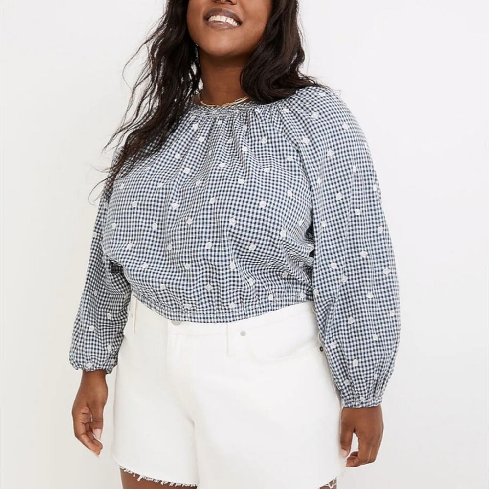 Madewell Gingham Check Embroidered Button Back Shirt 1X
